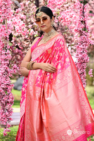 Pink Orange Dual Tone Sona Zari Pure Katan Silk Banarasi