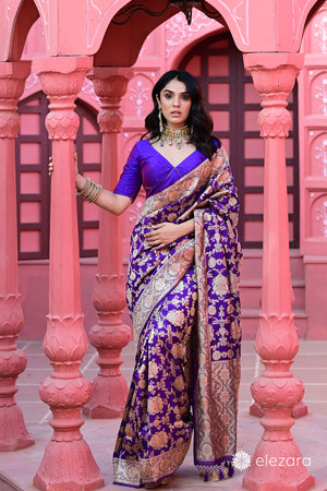 Purple Sona Rupa Zari Kadhwa with Meenakari Pure Katan Silk Banarasi