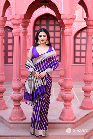 Purple Leheriya Sona Zari Pure Katan Silk Banarasi
