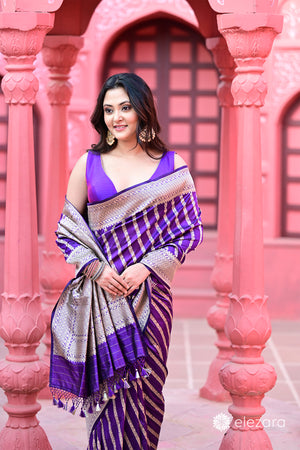 Purple Leheriya Sona Zari Pure Katan Silk Banarasi