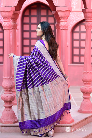 Purple Leheriya Sona Zari Pure Katan Silk Banarasi