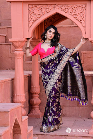 Dark Purple Sona Rupa Zari Kadhwa Pure Katan Silk Banarasi