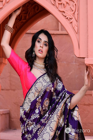 Dark Purple Sona Rupa Zari Kadhwa Pure Katan Silk Banarasi