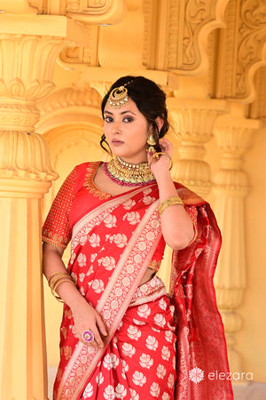 Red Floral Buta Pure Katan Banarasi