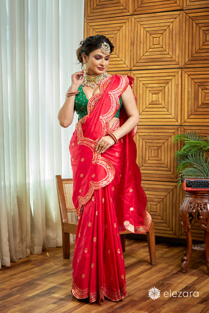 Red Scallop border with Sona zari Pure Katan Silk Banarasi