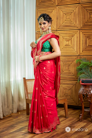 Red Scallop border with Sona zari Pure Katan Silk Banarasi