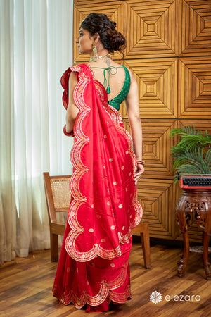Red Scallop border with Sona zari Pure Katan Silk Banarasi