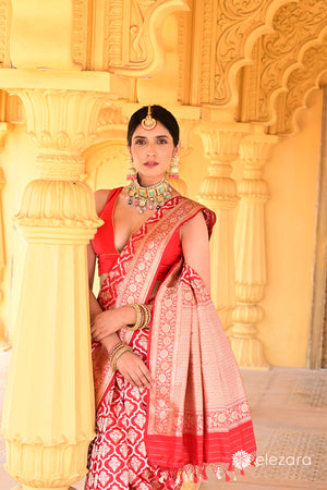 Red Sona Rupa Zari Pure Katan Silk Banarasi