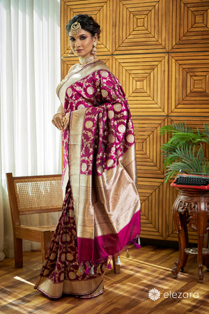 Wine Sona Rupa Zari Pure Katan Silk Banarasi
