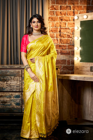 Lemon Yellow Scallop border with Sona zari Pure Katan Silk Banarasi