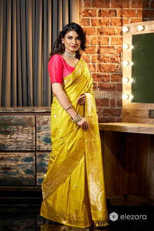 Lemon Yellow Scallop border with Sona zari Pure Katan Silk Banarasi