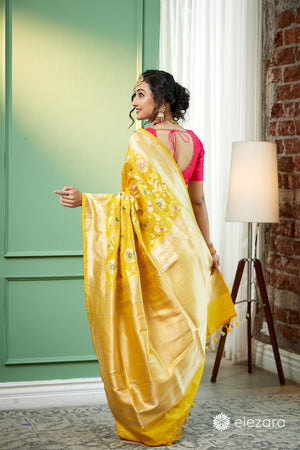 Yellow Sona Rupa zari with Meenakari Pure Katan Silk Banarasi