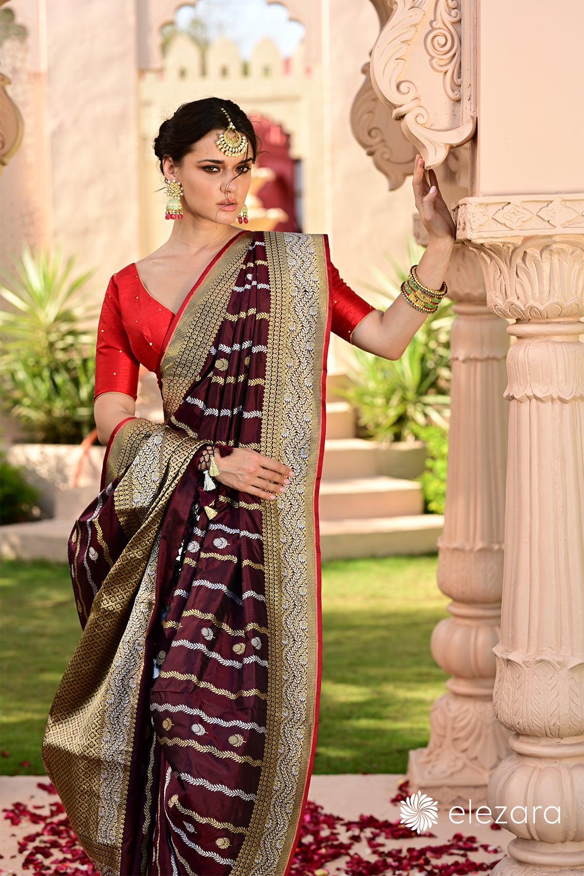 big-maroon-golden-chiffon-jacquard-pattern-saree-with-jari- | Saree  designs, Indian sari dress, Latest indian saree