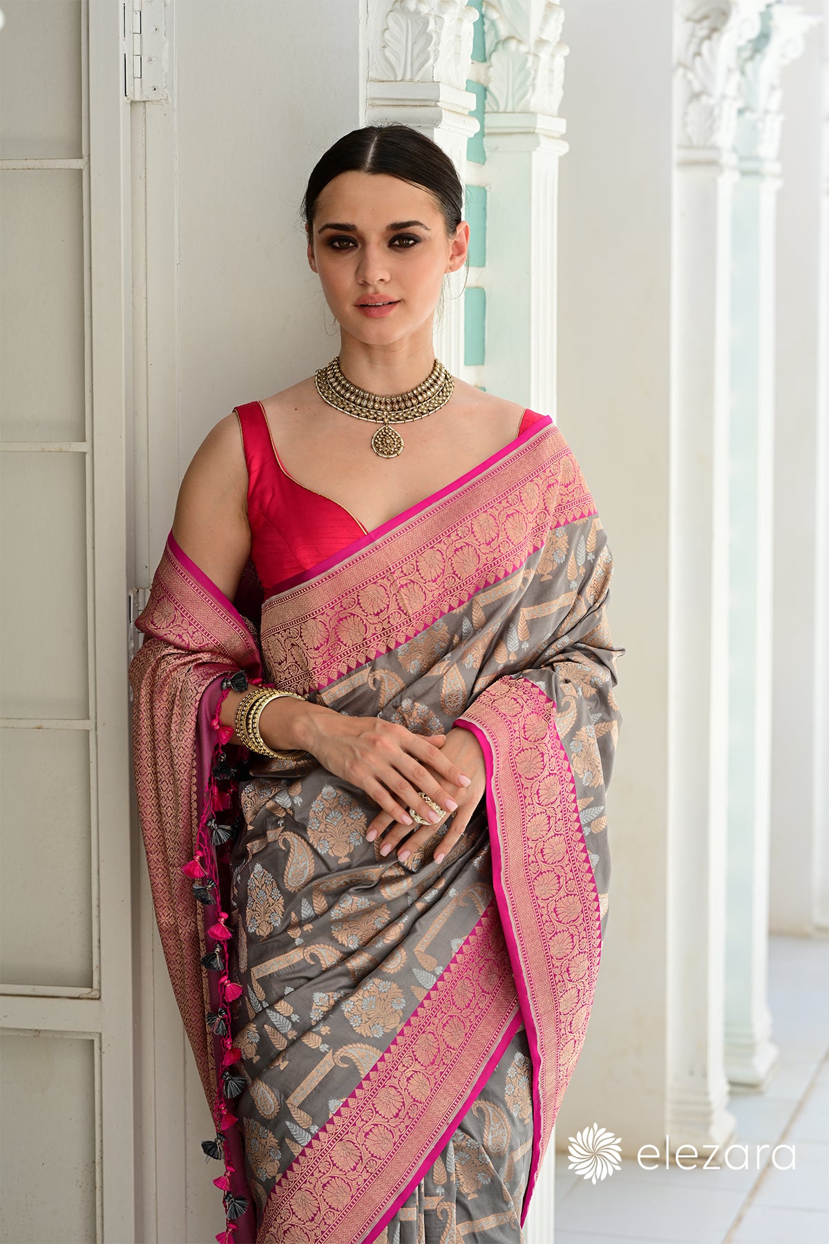 Grey Kadhiyal Pink Border Sona Rupa Pure Katan Banarasi