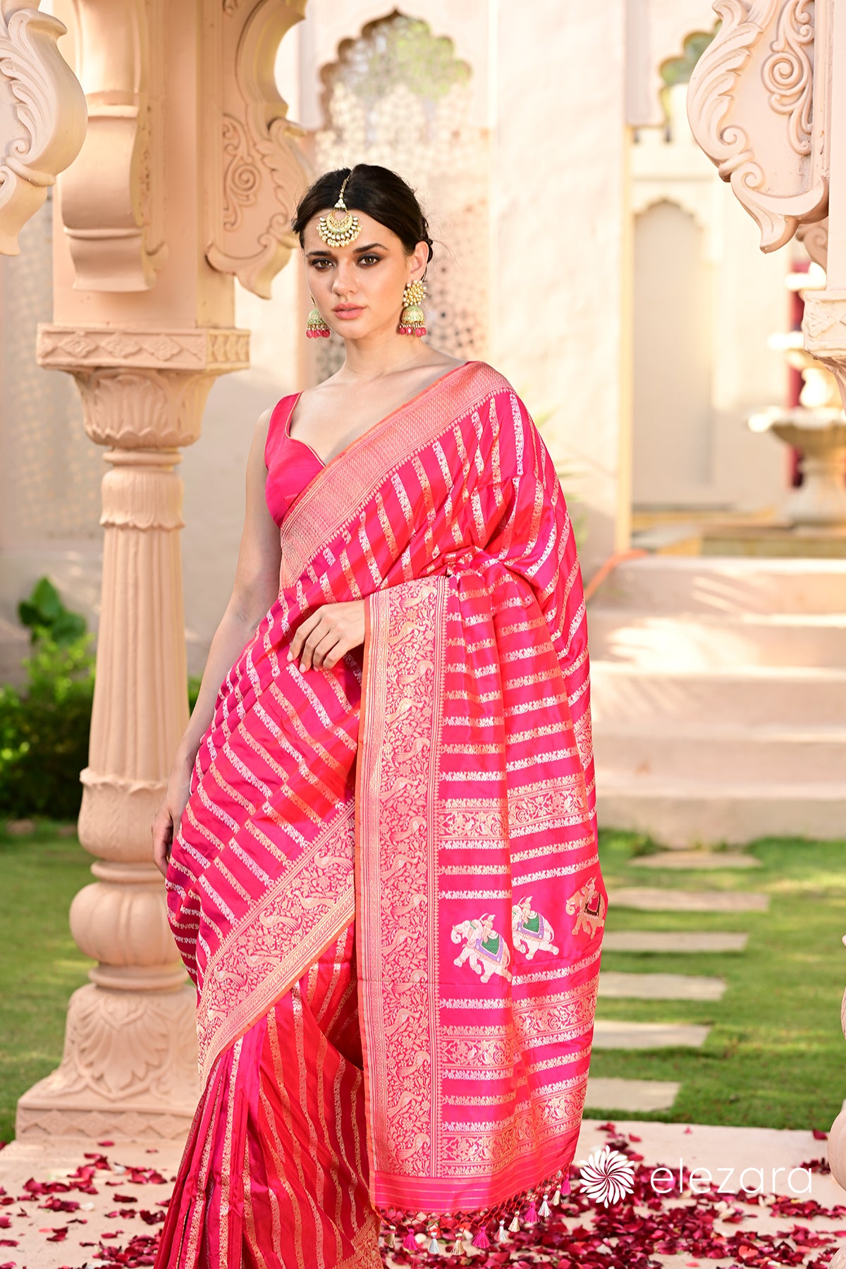 Rani-Pink Leheriya Kadhwa Shikargah Sona Rupa Meenakari Pure Katan Banarasi