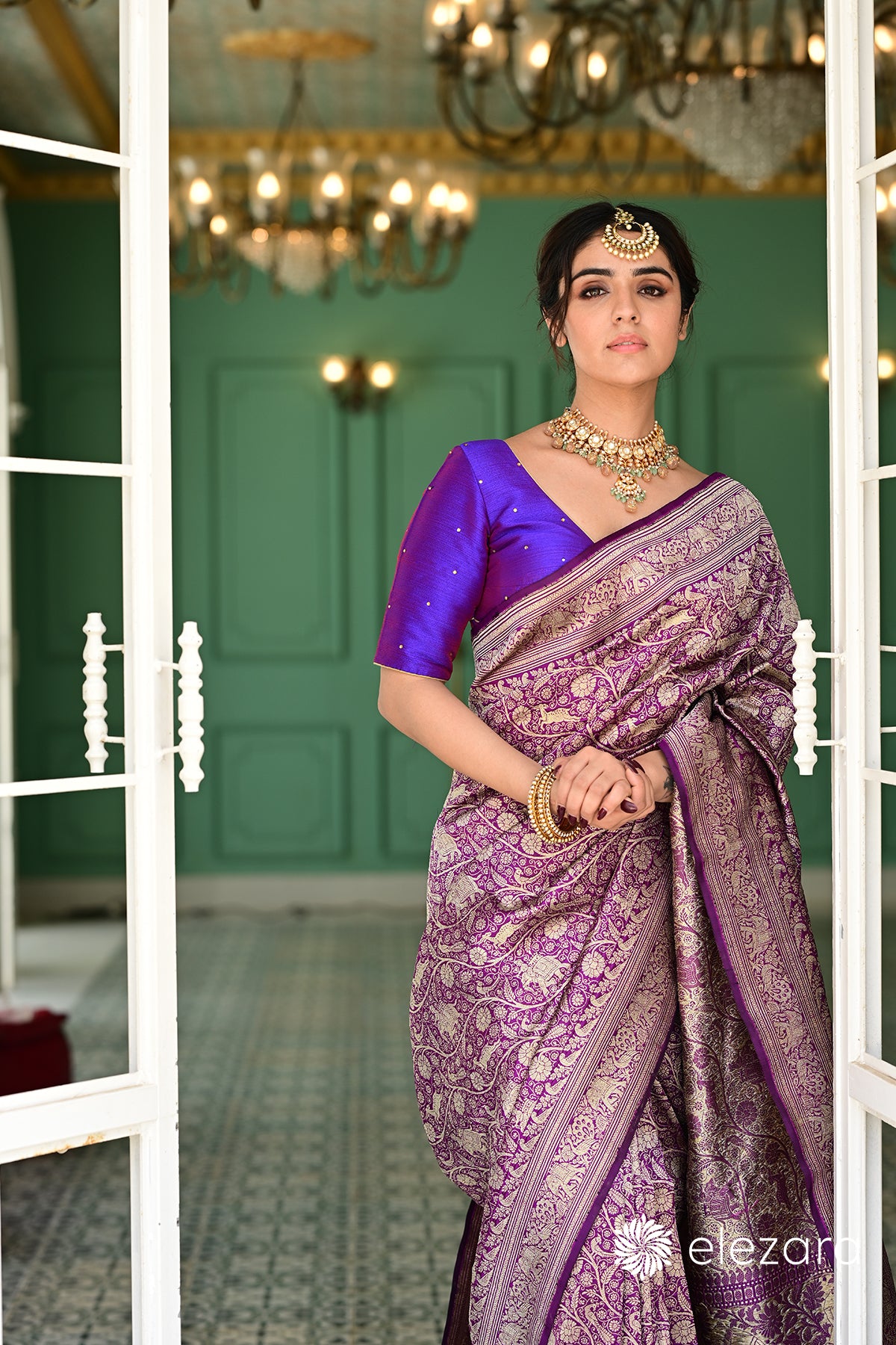Purple Sona Zari Shikargah Pure Katan Silk Banarasi