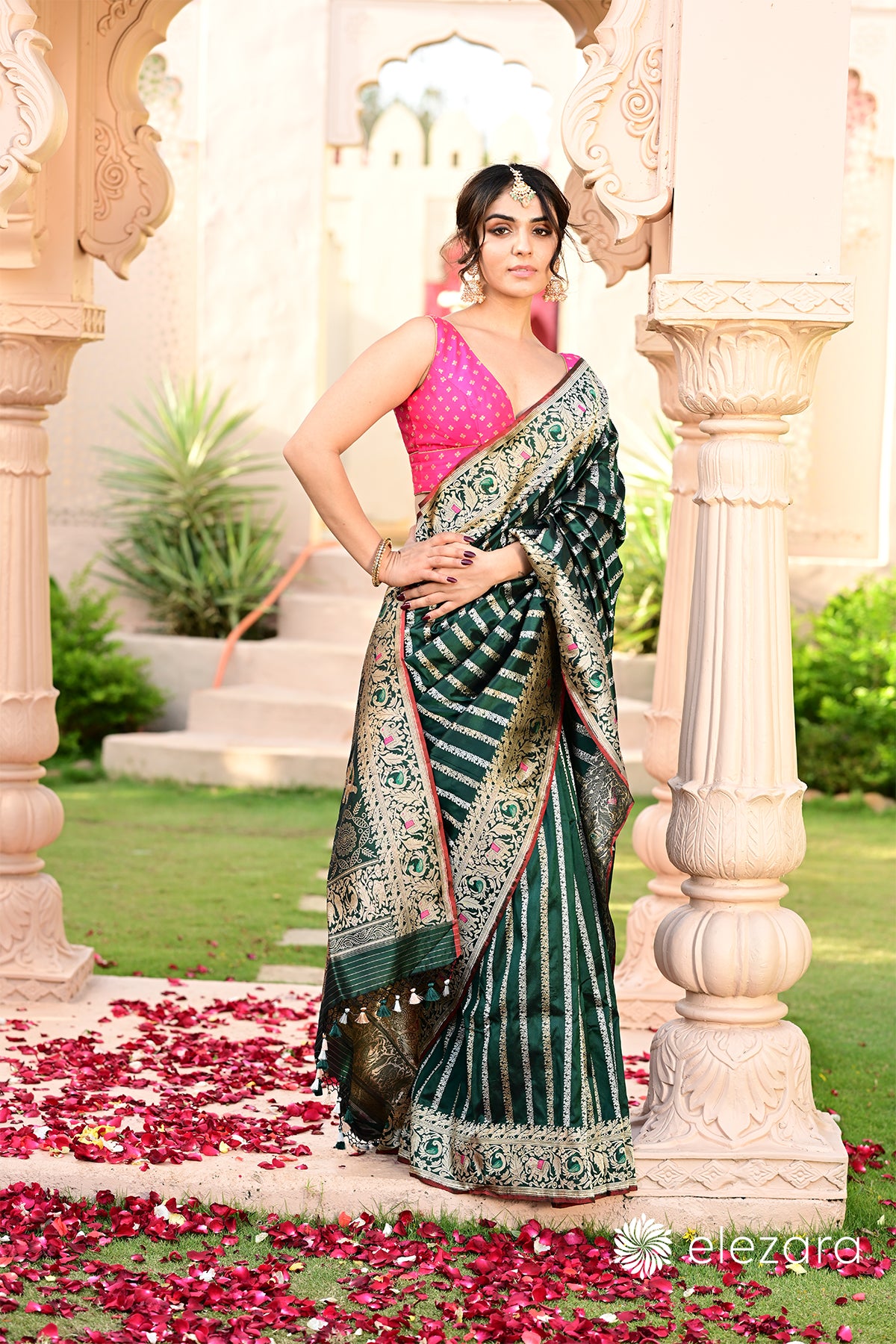 Bottle-Green Leheriya Kadhwa Shikargah Sona Rupa Meenakari Pure Katan Banarasi