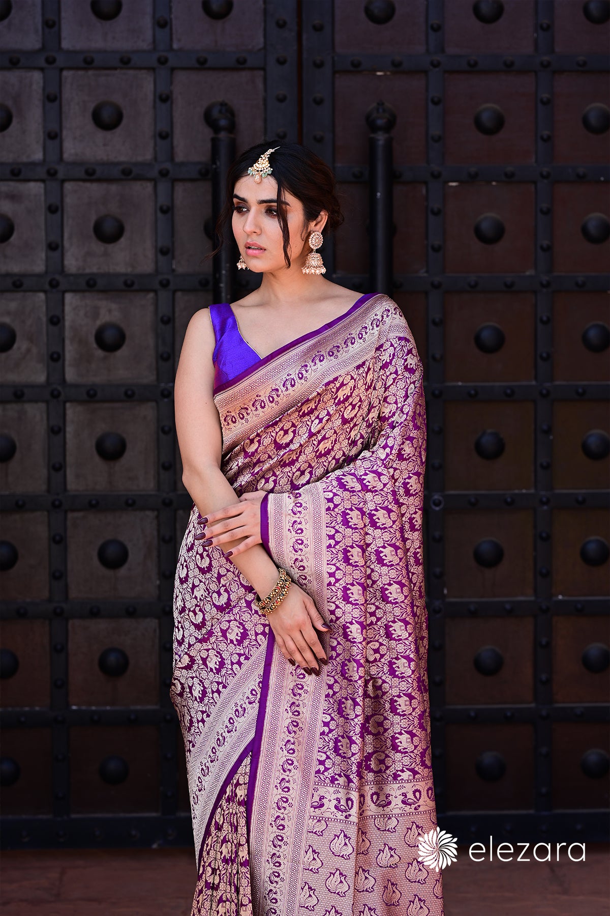 Purple Sona Zari Shikargah Pure Katan Silk Banarasi (purple buland sidhika)