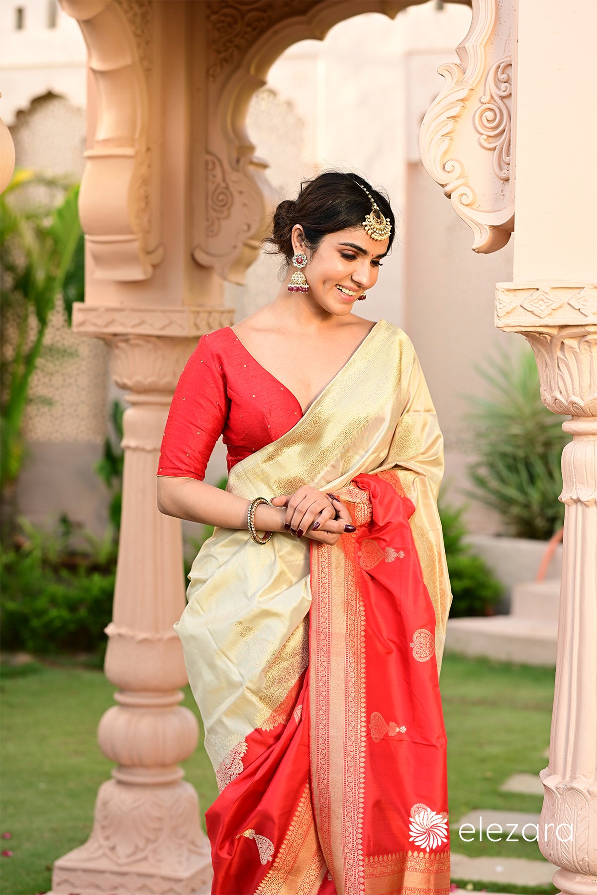 Offwhite-Red Kadhwa Sona Rupa Zari Pure Katan Banarasi (ekaya similar saree)