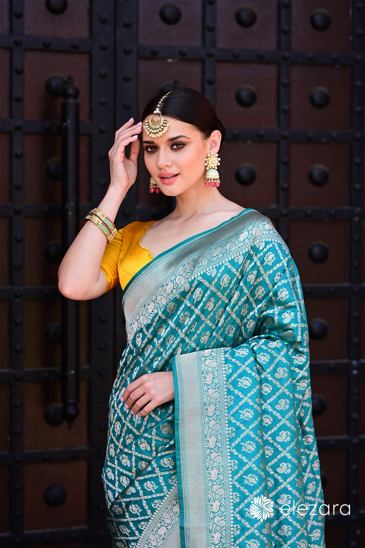 Sea-green Sona Zari Shikargah Pure Katan Silk Banarasi