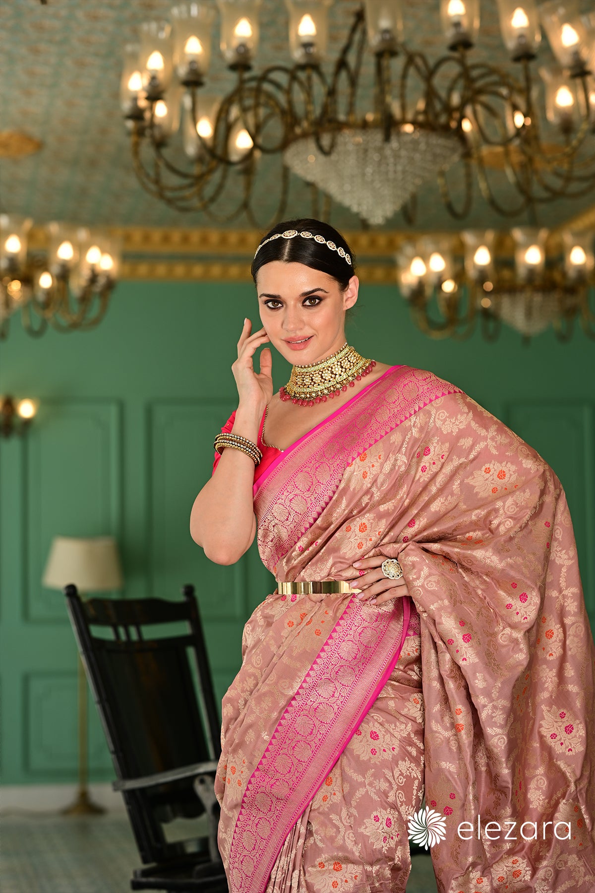 Mauve Kadhiyal Pink Border Meenakari Sona Zari Pure Katan Banarasi