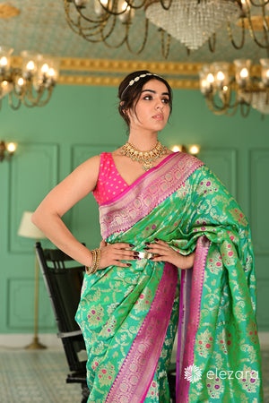 Sea-Green Kadhiyal Pink Border Meenakari Sona Zari Pure Katan Banarasi