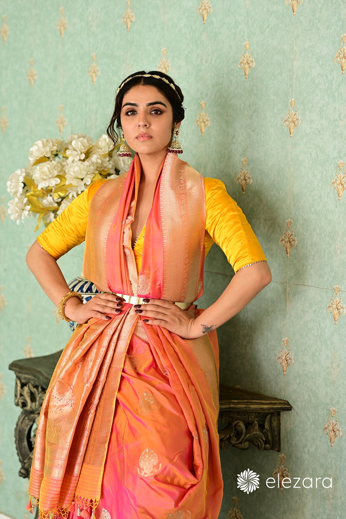 Fiery-Orange Kadhwa Buta Sona Rupa Zari Ektara Pure Katan Banarasi