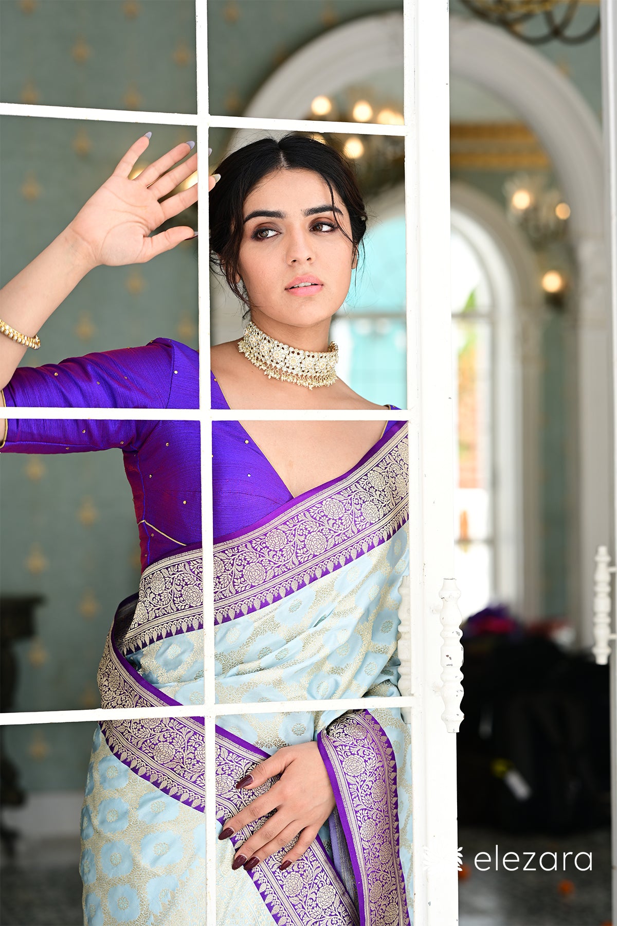 Powder Blue Kadhiyal Purple Border Sona Zari Pure Katan Banarasi