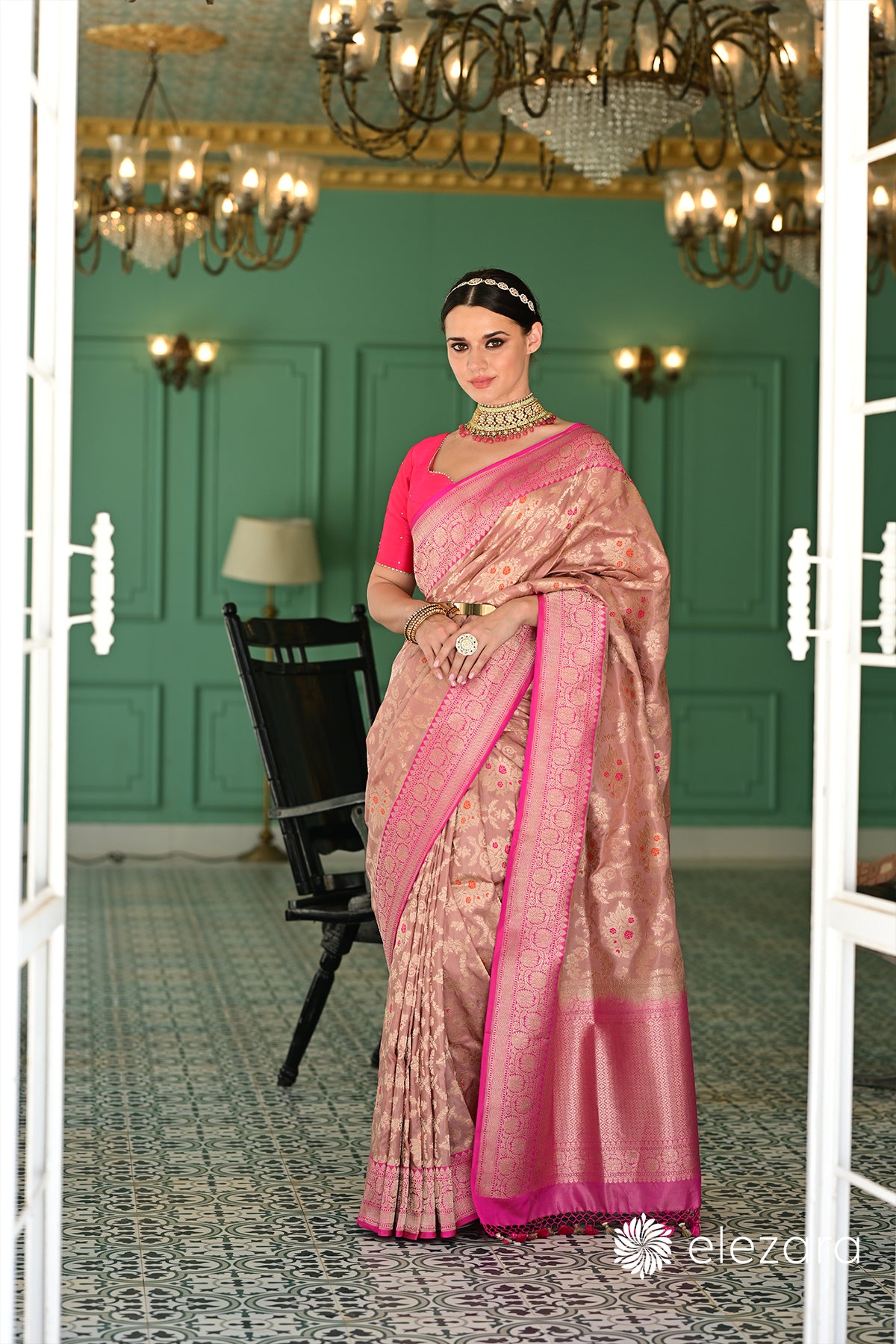 Mauve Kadhiyal Pink Border Meenakari Sona Zari Pure Katan Banarasi