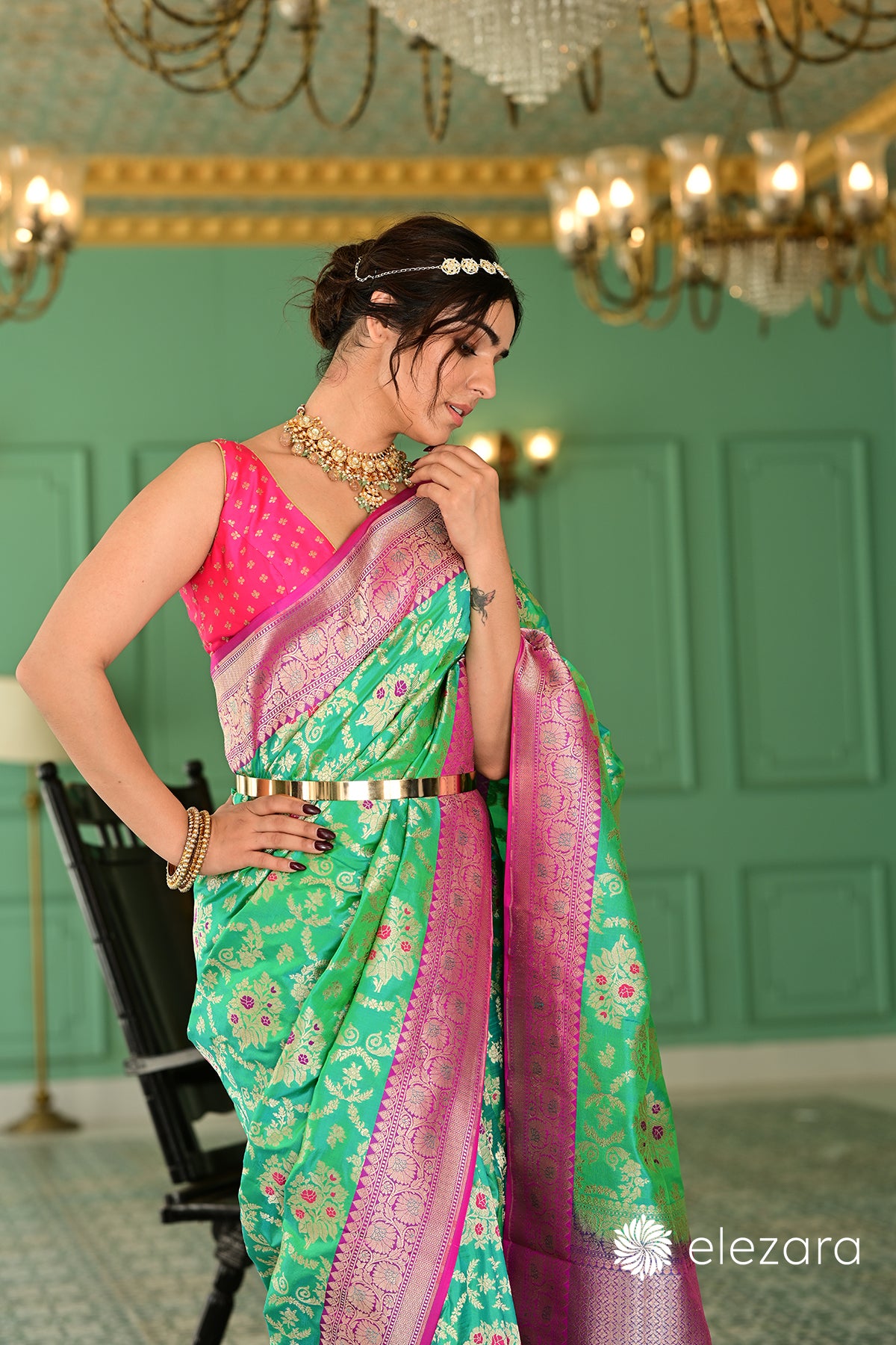Sea-Green Kadhiyal Pink Border Meenakari Sona Zari Pure Katan Banarasi