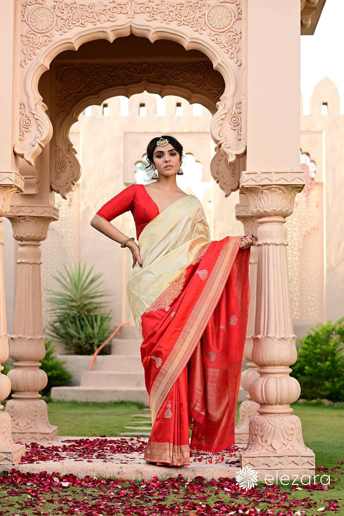 Offwhite-Red Kadhwa Sona Rupa Zari Pure Katan Banarasi (ekaya similar saree)