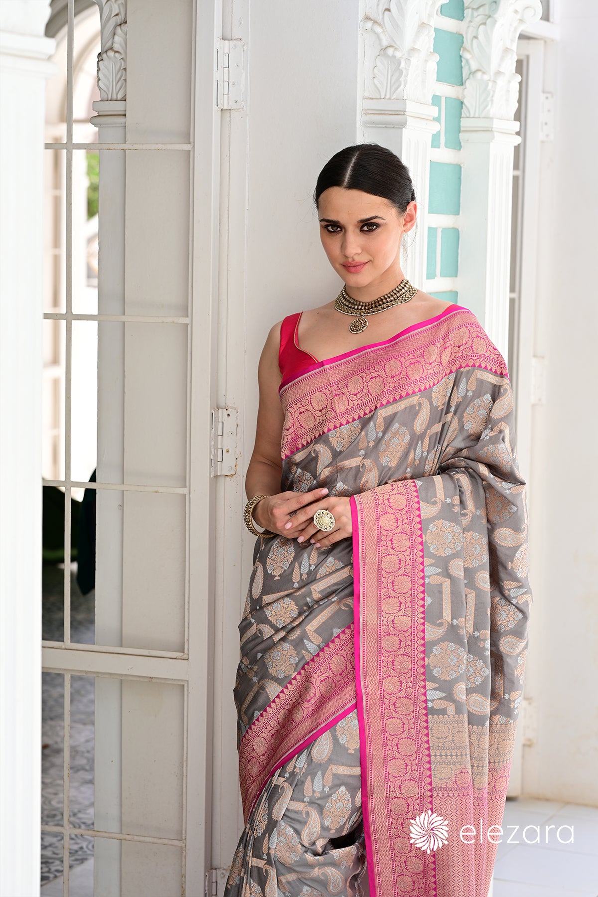 Grey Kadhiyal Pink Border Sona Rupa Pure Katan Banarasi