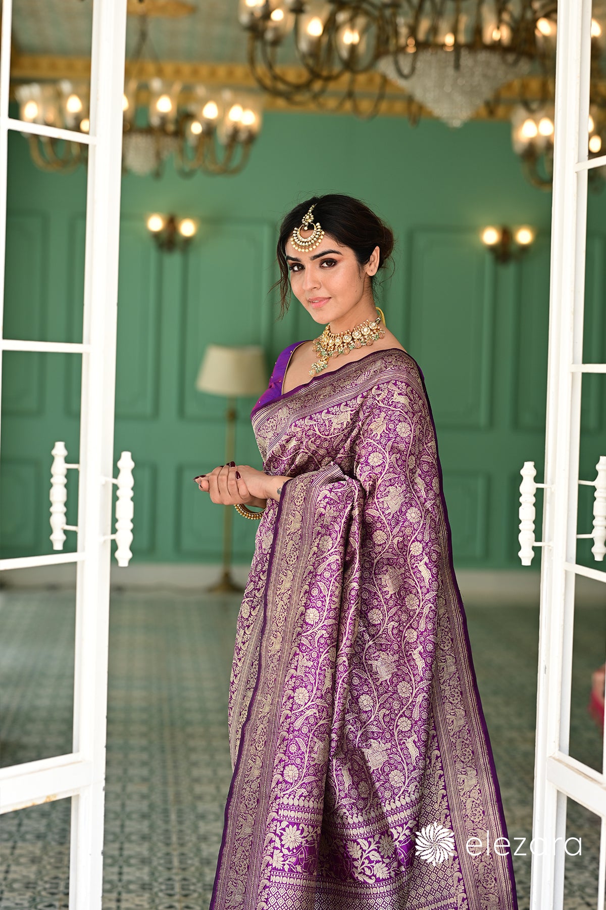 Purple Sona Zari Shikargah Pure Katan Silk Banarasi