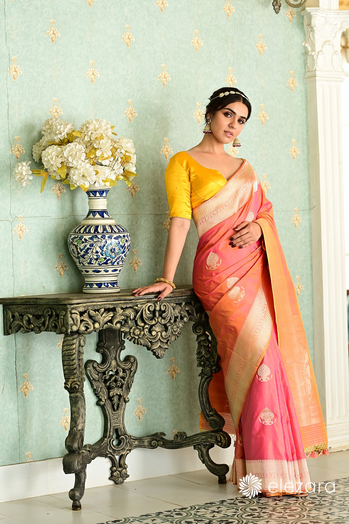 Fiery-Orange Kadhwa Buta Sona Rupa Zari Ektara Pure Katan Banarasi