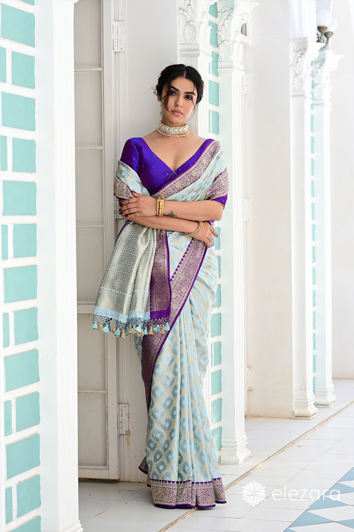 Powder Blue Kadhiyal Purple Border Sona Zari Pure Katan Banarasi