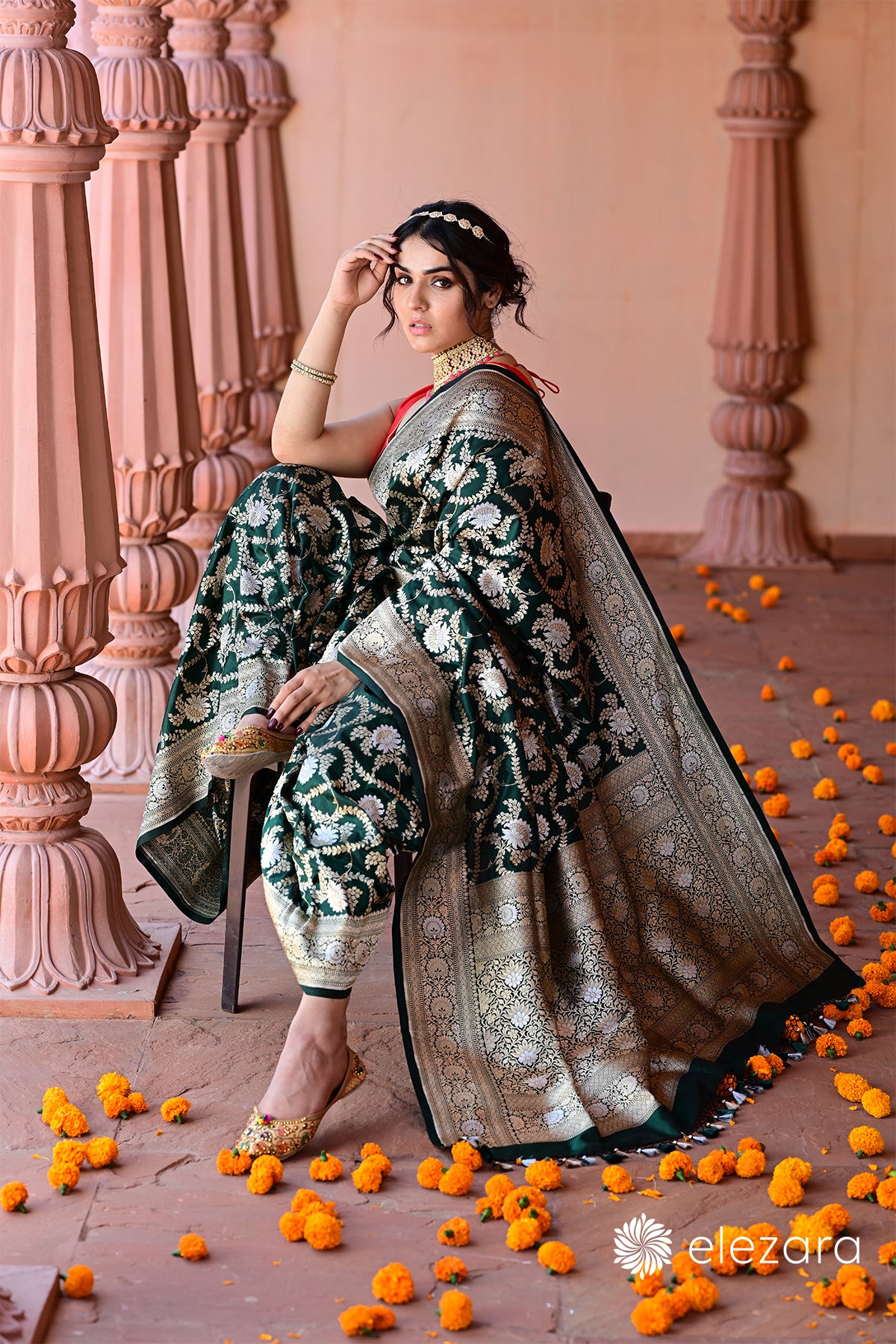 Bottle Green Sona Rupa Zari Pure Katan Banarasi