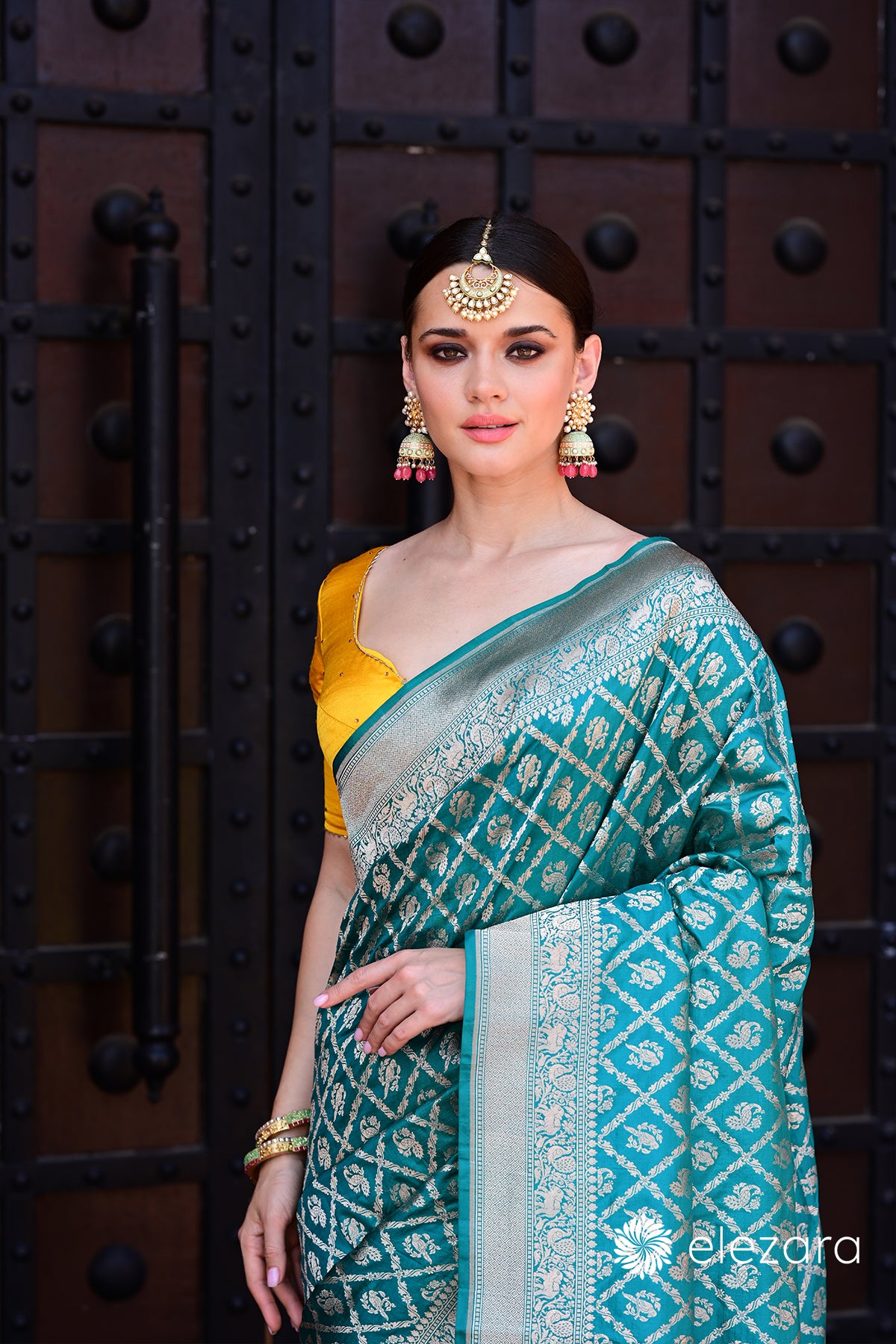 Sea-green Sona Zari Shikargah Pure Katan Silk Banarasi