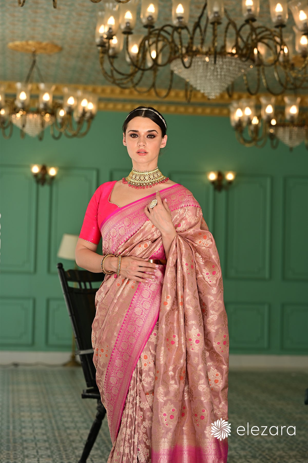 Mauve Kadhiyal Pink Border Meenakari Sona Zari Pure Katan Banarasi