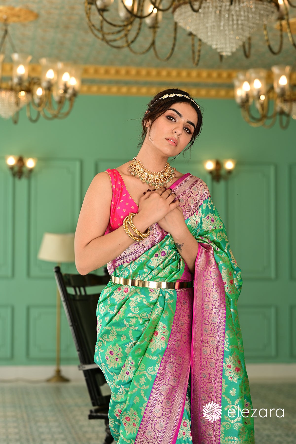 Sea-Green Kadhiyal Pink Border Meenakari Sona Zari Pure Katan Banarasi