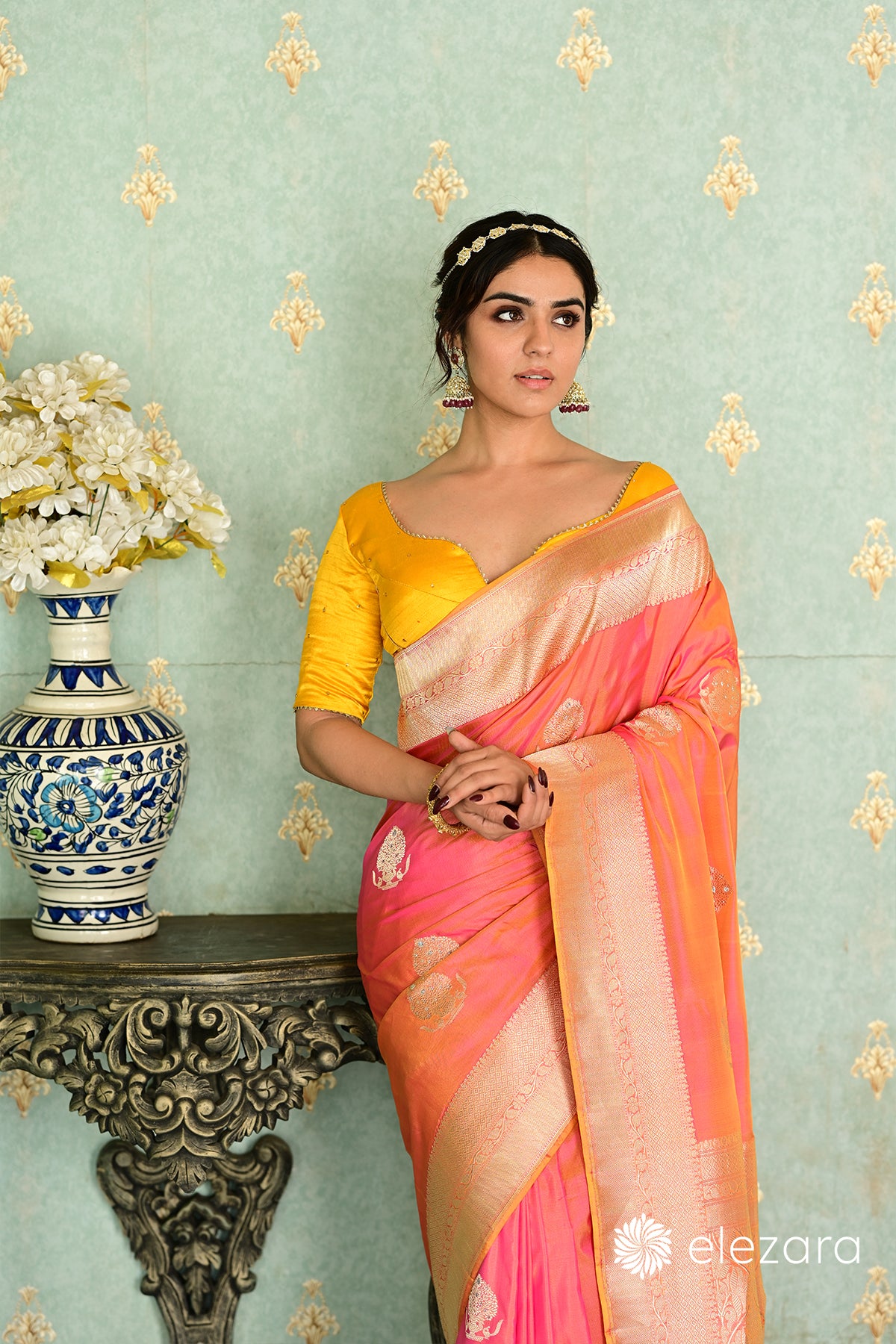 Fiery-Orange Kadhwa Buta Sona Rupa Zari Ektara Pure Katan Banarasi