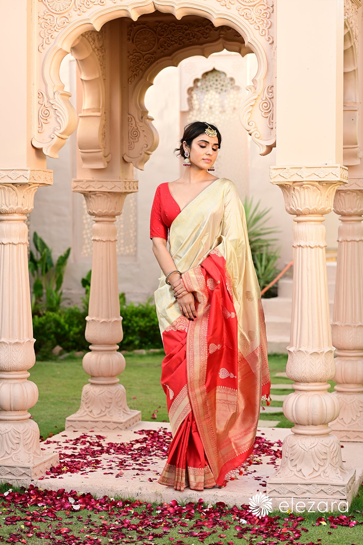 Offwhite-Red Kadhwa Sona Rupa Zari Pure Katan Banarasi (ekaya similar saree)