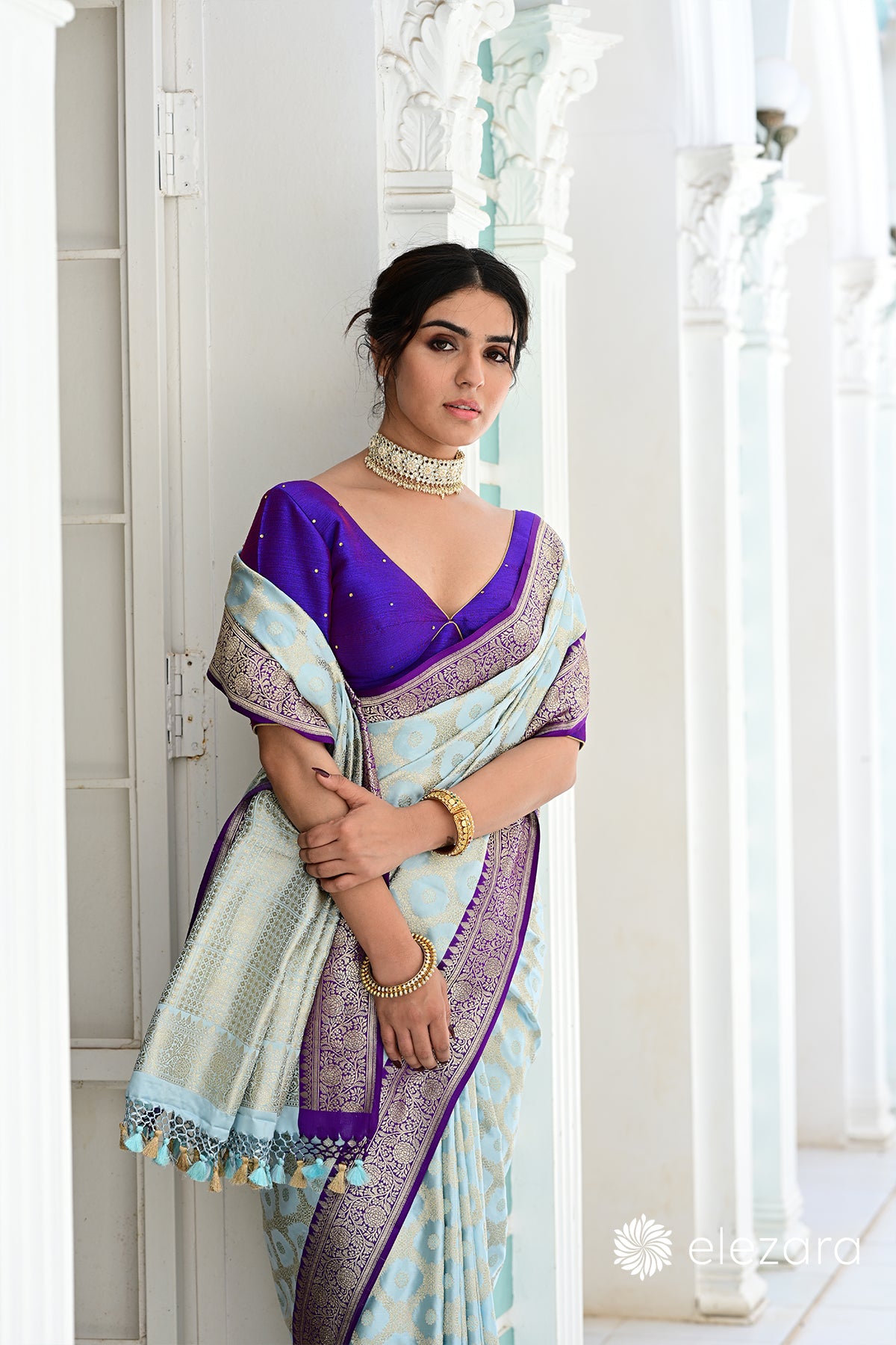 Powder Blue Kadhiyal Purple Border Sona Zari Pure Katan Banarasi