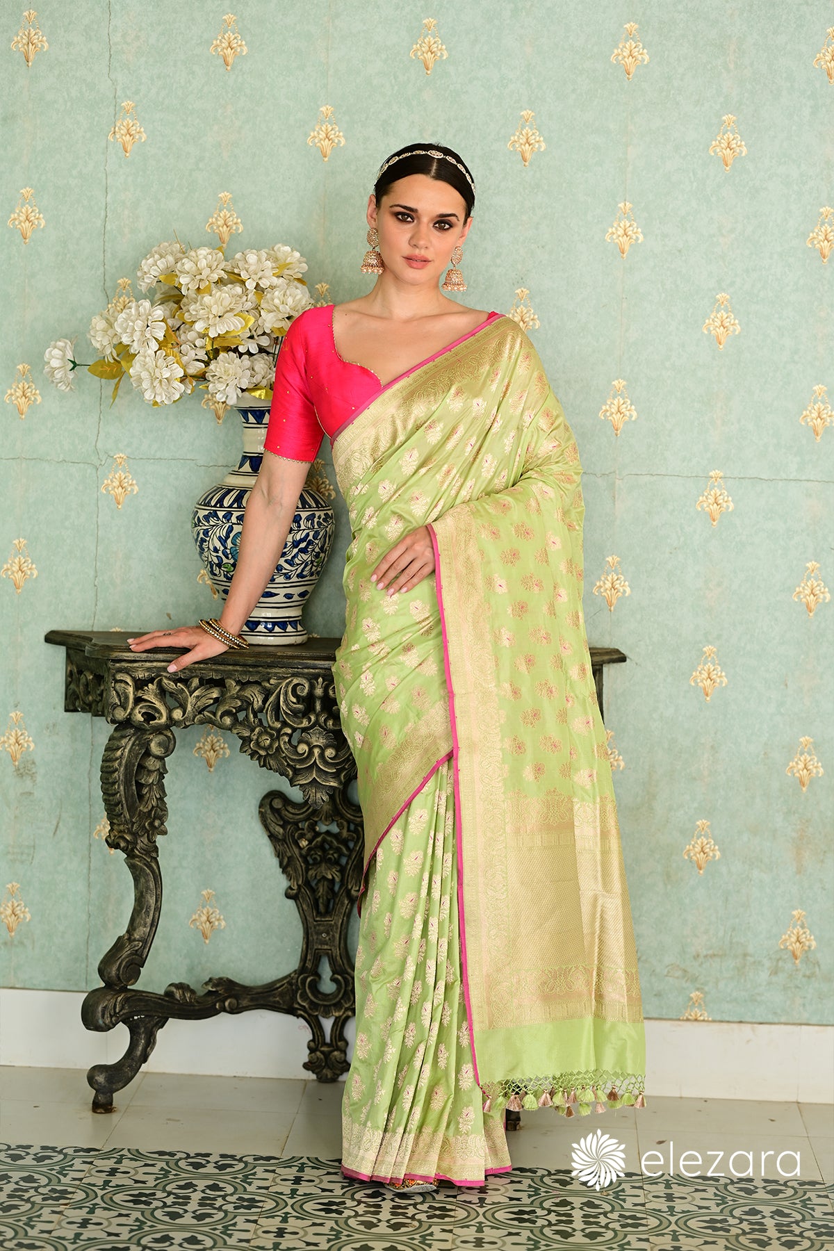 Light Green Floral Buti Meenakari Pure Katan Banarasi