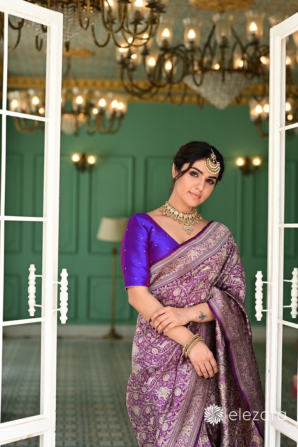 Purple Sona Zari Shikargah Pure Katan Silk Banarasi