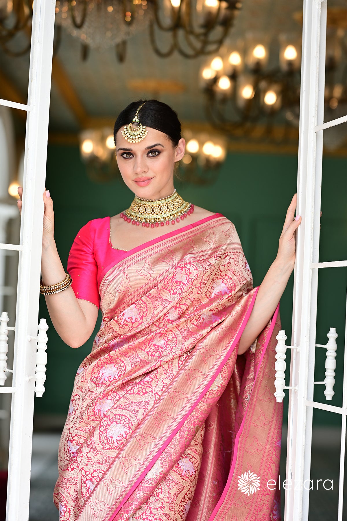 Pink Sona Rupa Zari Shikargah Pure Katan Silk Banarasi