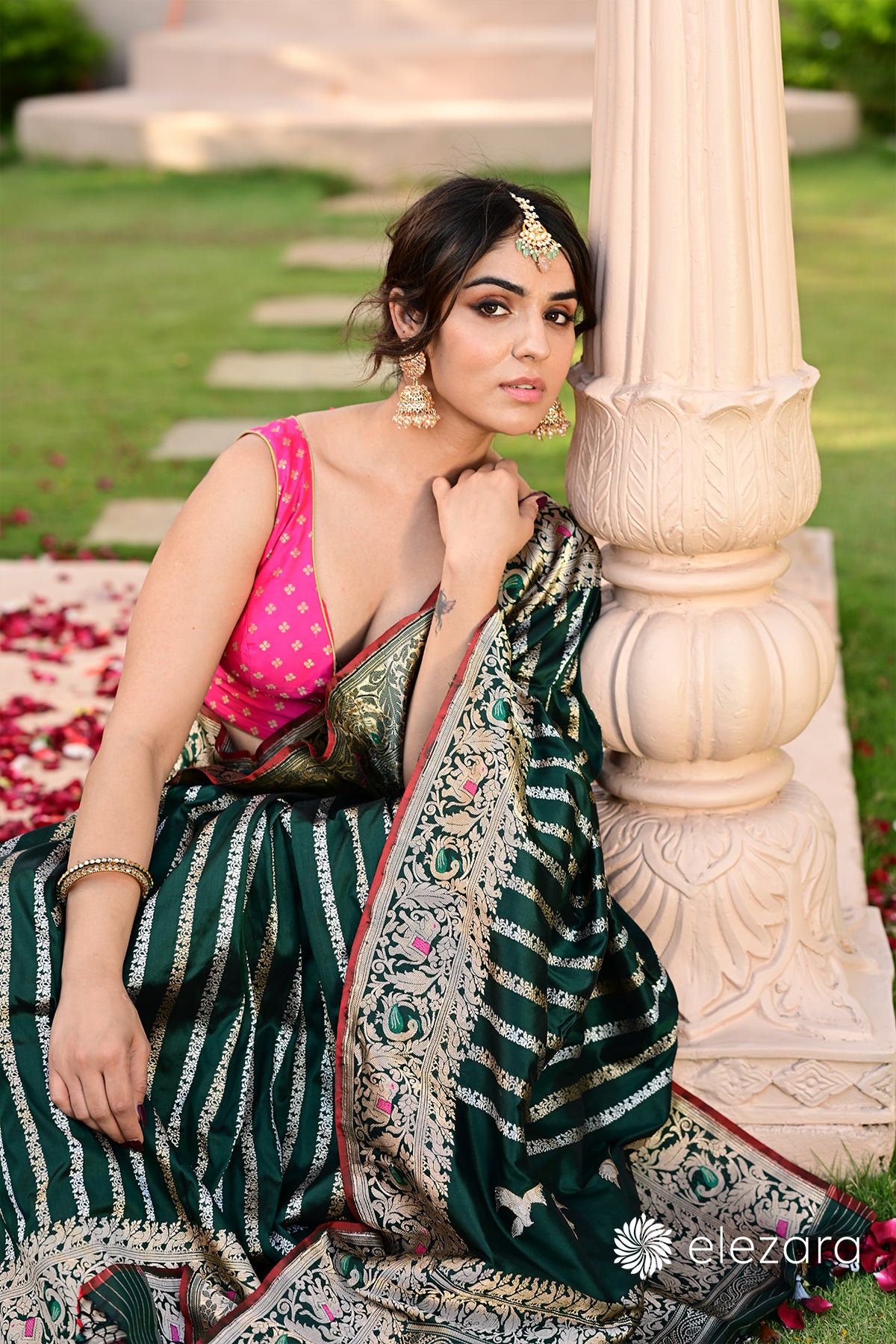 Bottle-Green Leheriya Kadhwa Shikargah Sona Rupa Meenakari Pure Katan Banarasi