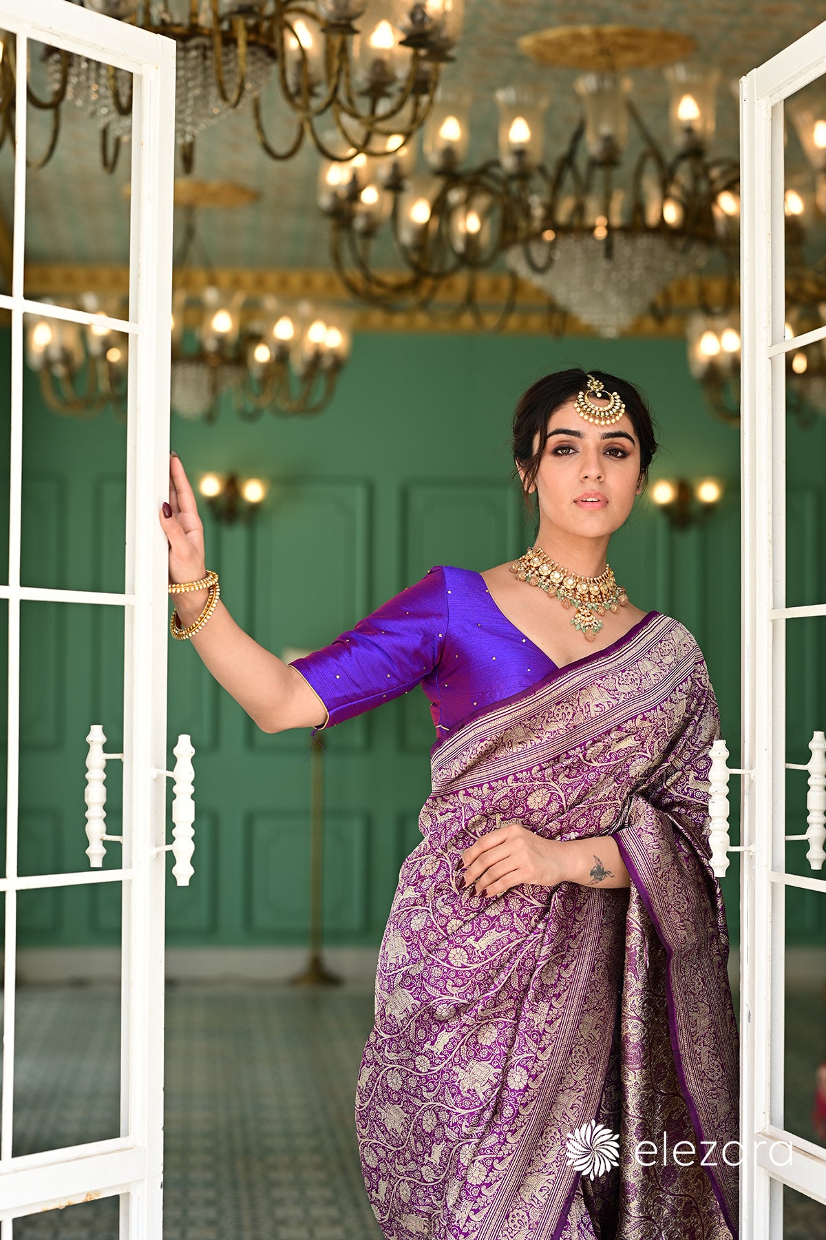 Purple Sona Zari Shikargah Pure Katan Silk Banarasi