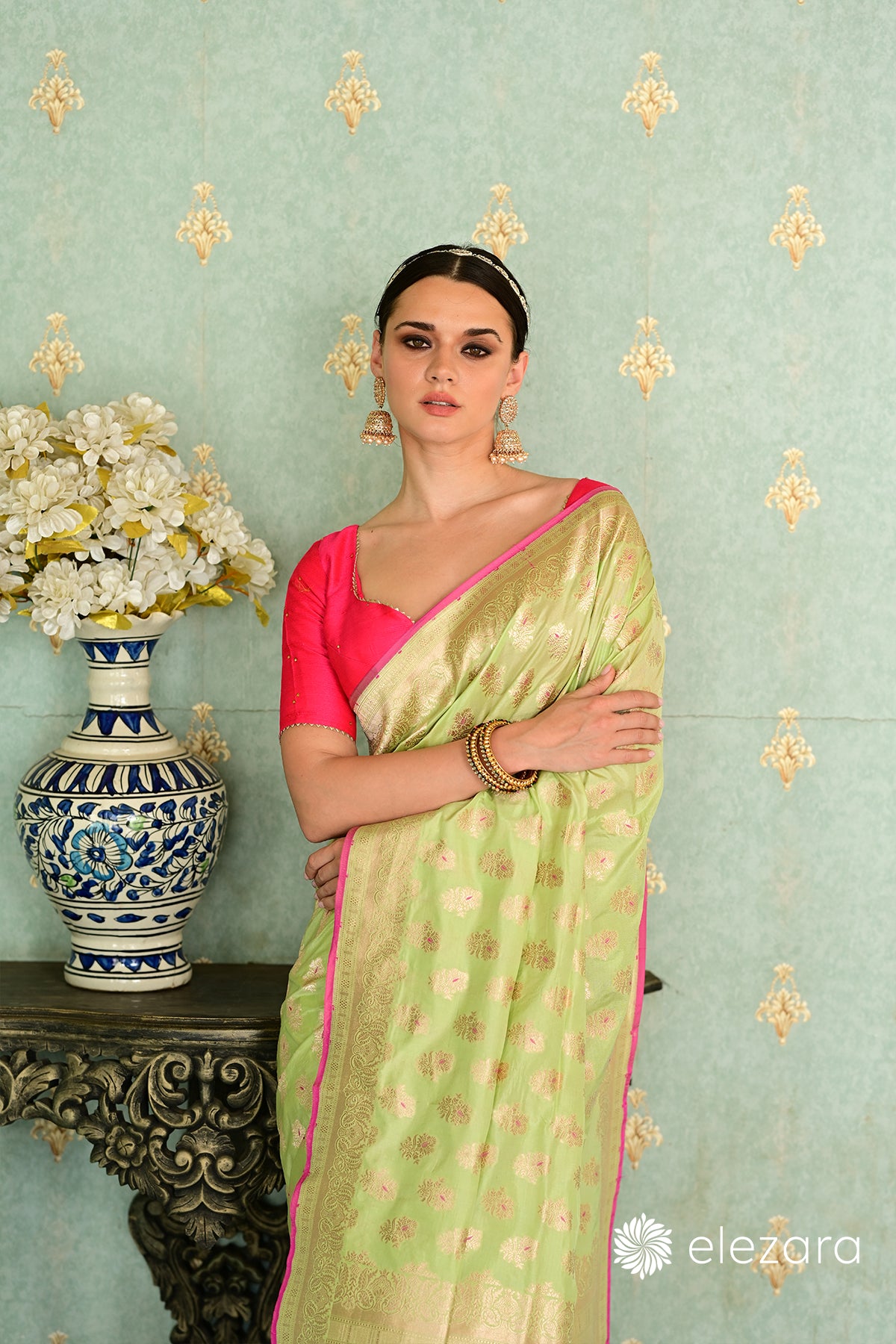 Light Green Floral Buti Meenakari Pure Katan Banarasi