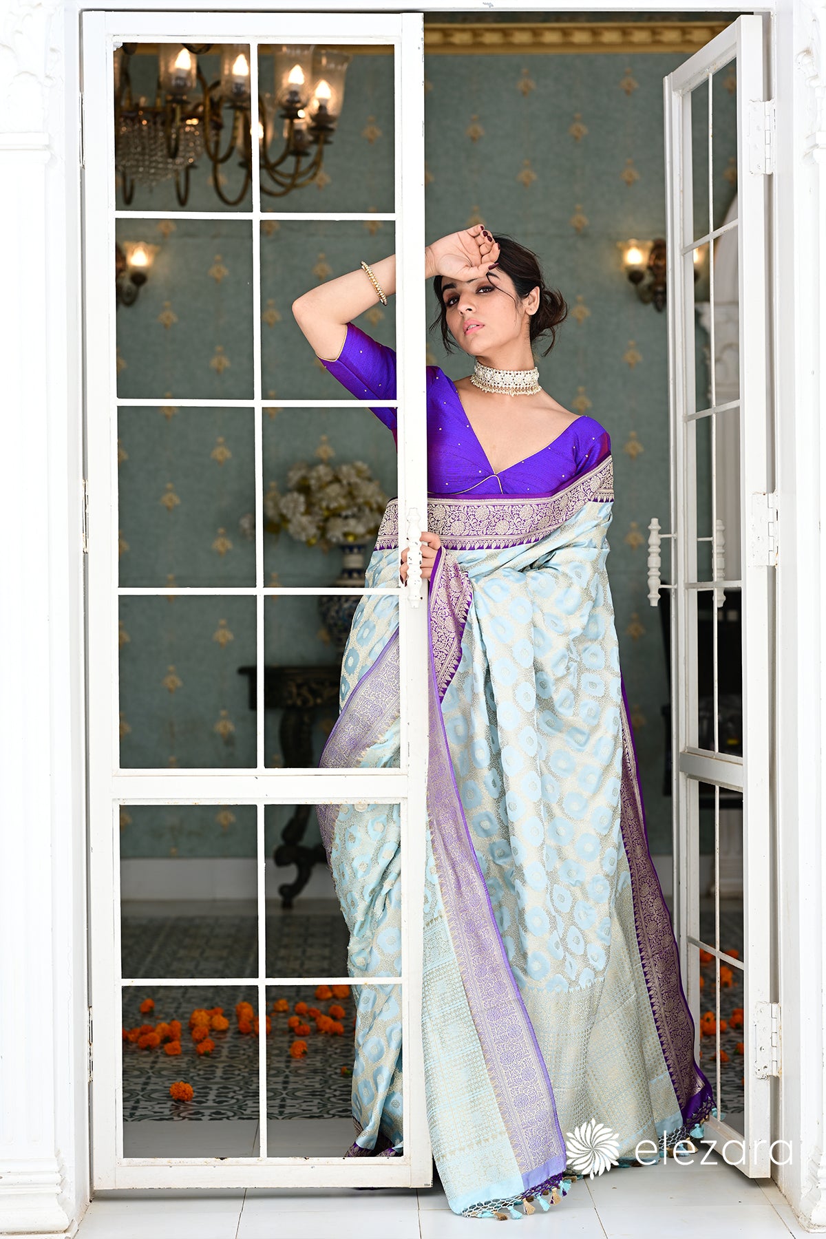 Powder Blue Kadhiyal Purple Border Sona Zari Pure Katan Banarasi