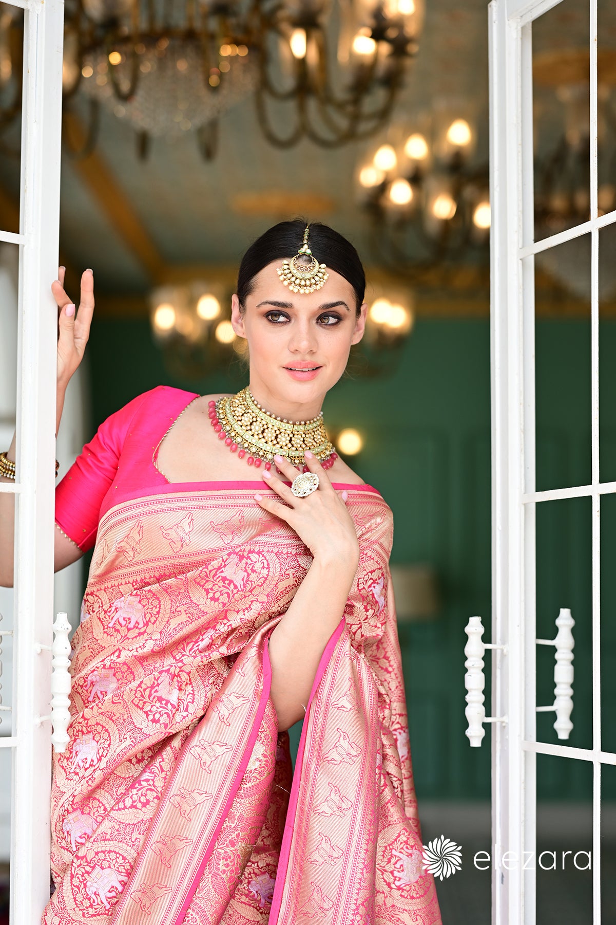 Pink Sona Rupa Zari Shikargah Pure Katan Silk Banarasi